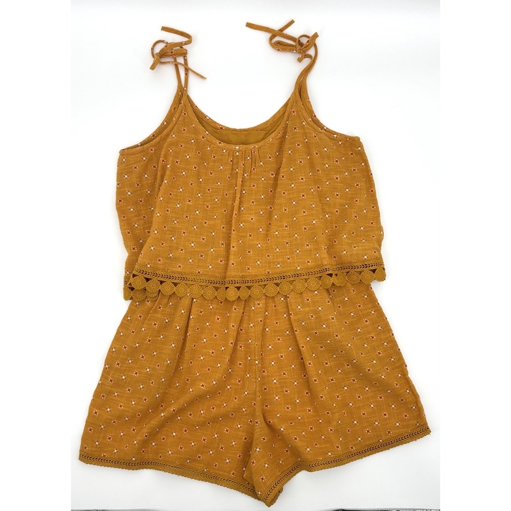 Aerie Mustard Floral Tie Strap Romper Size Large‎ Cotton Boho Summer Crochet NWT